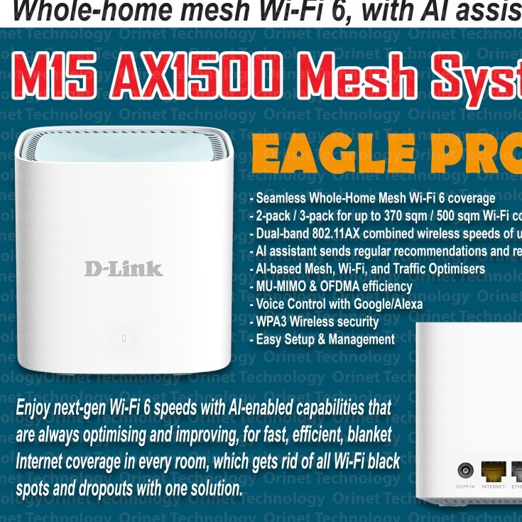 DLink M15 (1Pack) AX1500 Eagle Pro WiFi 6 Wireless Mesh Router