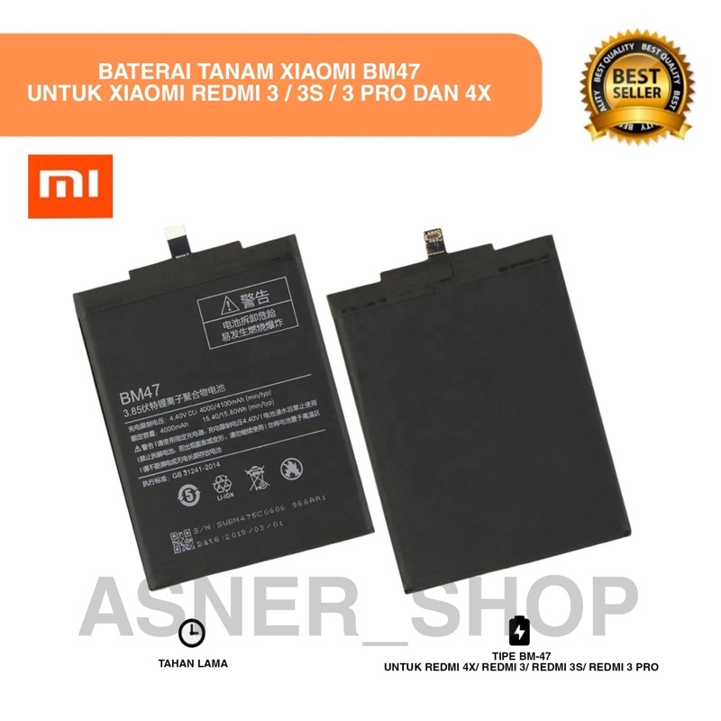 Baterai Xiaomi BM47 Redmi 4X / Bat Redmi 3 Pro / Redmi 3S / Redmi3 Bat Tanam Model Original