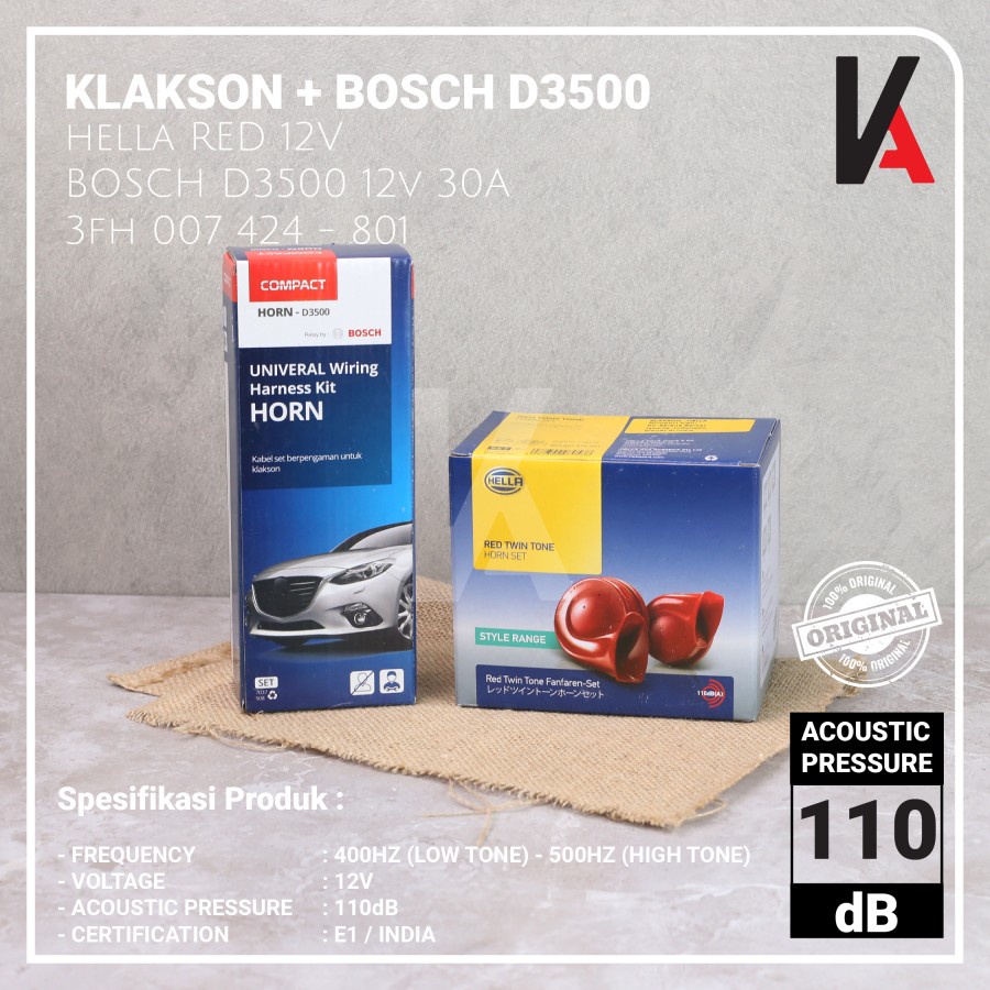 KLAKSON HELLA KEONG RED TWIN TONE HORN 12V + KABEL RELAY BOSCH D3500