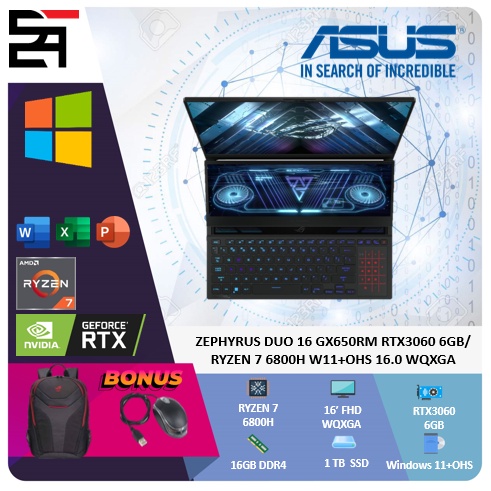 Asus Rog Zephyrus Duo 16 GX650RM RTX3060-6GB Ryzen 7 6800H 16GB 1TB SSD W11+OHS 16 Inchi WQXGA 165Hz