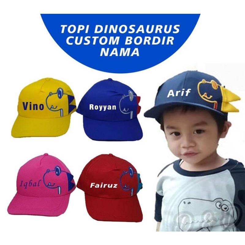 TOPI PET DINO/TOPI ANAM BORDIR CUSTUM NAMA/TOPI ANAK 2-10 TAHUN