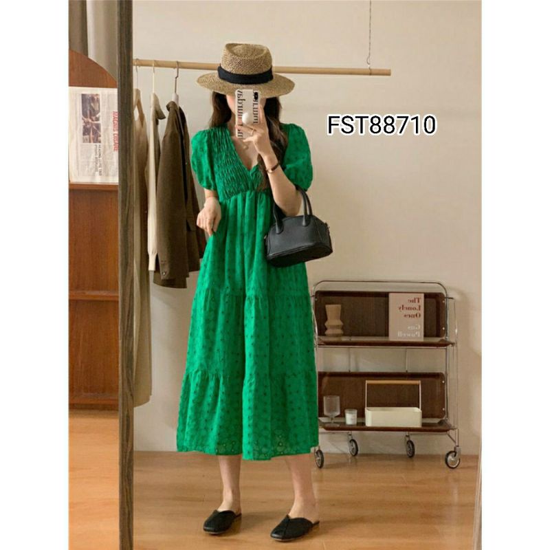 Maeve Puff Sleeves Eyelet Dress FST88710/ Simple Classic Korean Maxi Dress Casual Polos Short Sleeve