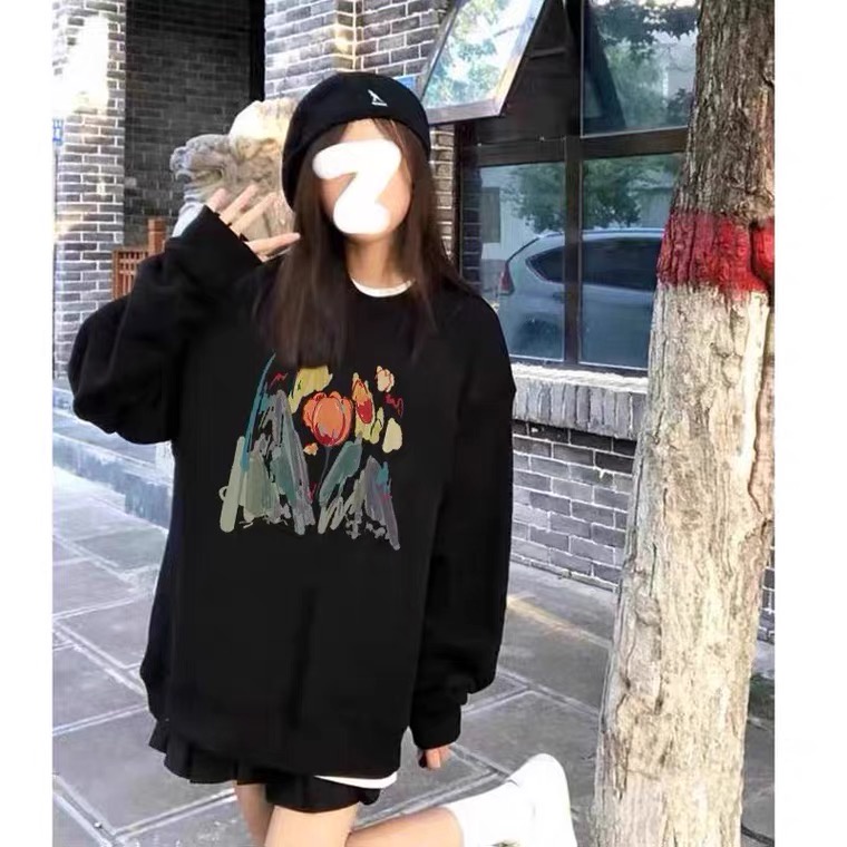 Korea Style Sweater Oversize Rose Flower Graphic Printing Top Vintage Import Kasual Sweater