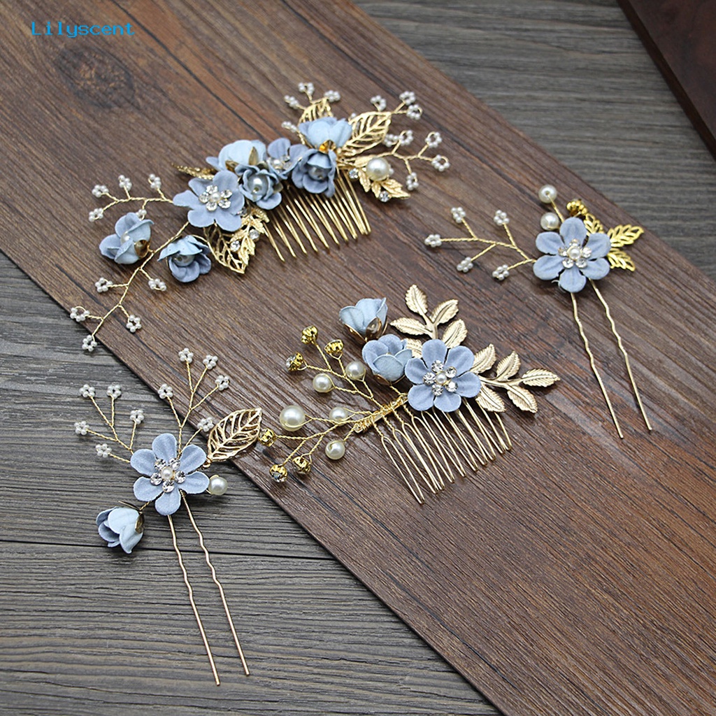 4pcs / Set Jepit Rambut Desain Bunga Daun Kristal Mutiara Palsu Bahan Alloy Untuk Pengantin Pernikahan