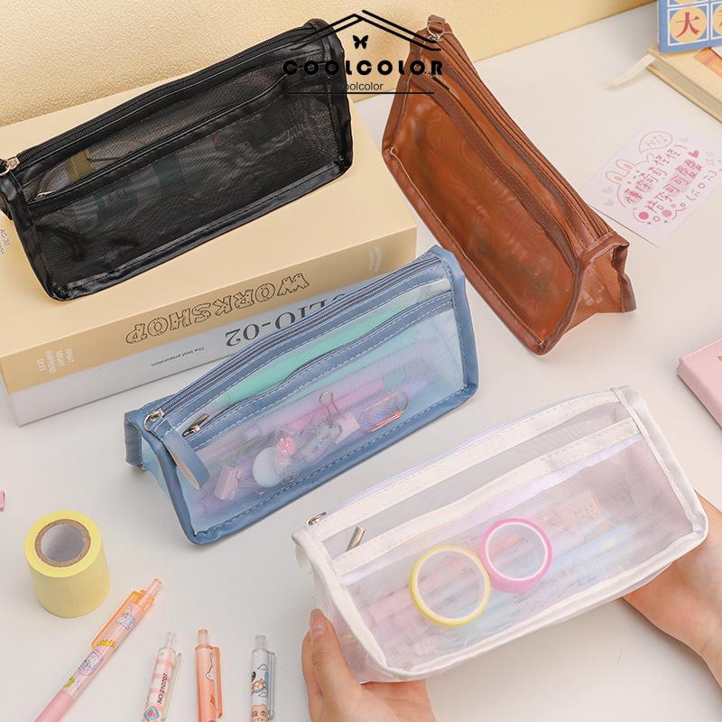 COD❤️Sederhana dua ritsleting kotak pensil Mesh dua lapisan besar - kantong alat tulis besar Korean double-layer transparent pencil bag student breathable gauze pencil bag adult makeup storage bag besar kapasitas kantor