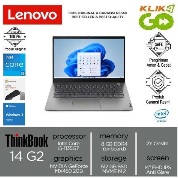 LENOVO ThinkBook 14 G2 ITL - i5-1135G7 - RAM 8GB - 512GB SSD - VGA MX450 2GB - 14" FHD IPS - WIN 11 