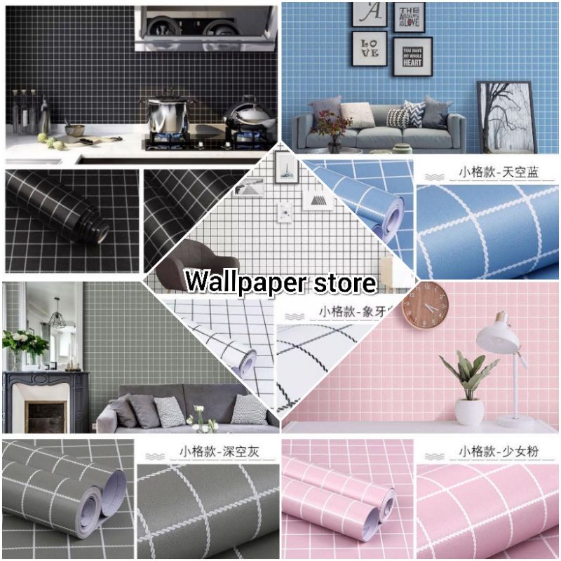 Wallpaper Dinding Sticker Dinding Kotak Hitam Putih Abu-abu Biru Pink Kekinian Terbaru Terjangkau Mi