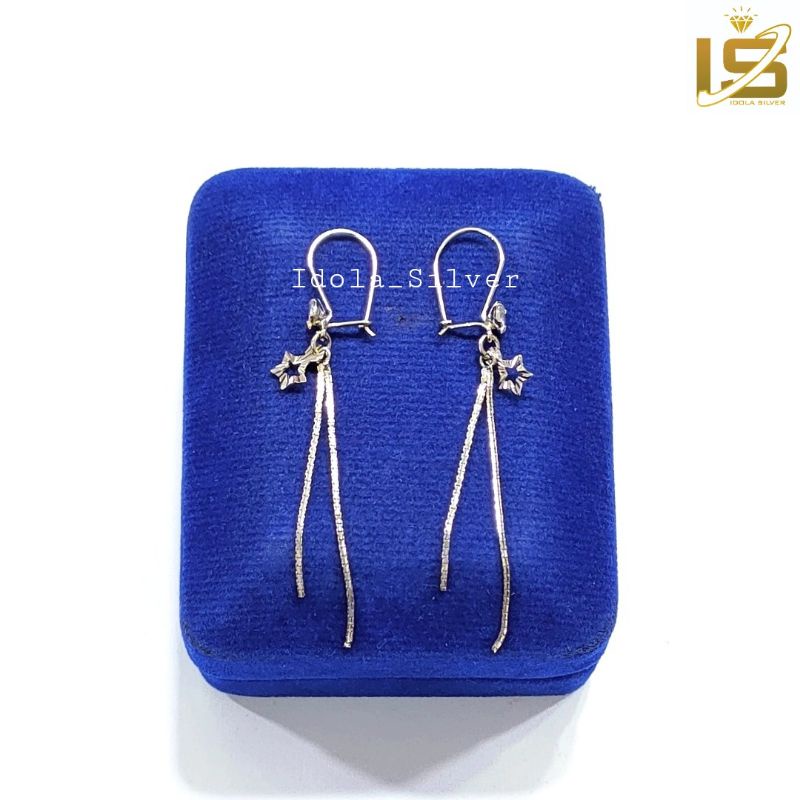 ANTING PERAK ASLI SILVER 925 LAPIS EMAS MODEL AGOGO PANJANG BINTANG UKIR+ITALY - PERHIASAN PERAK WANITA