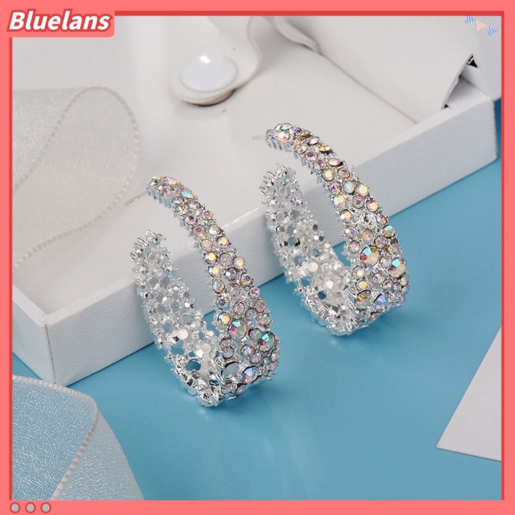 Anting Stud Bentuk U Aksen Berlian Imitasi Shiny Multicolored Untuk Wanita