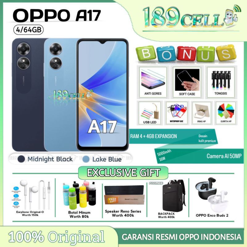 OPPO A17 4/64 GB | OPPO A17K 3/64 GB [ +4 GB RAM Expansion] GARANSI RESMI OPPO