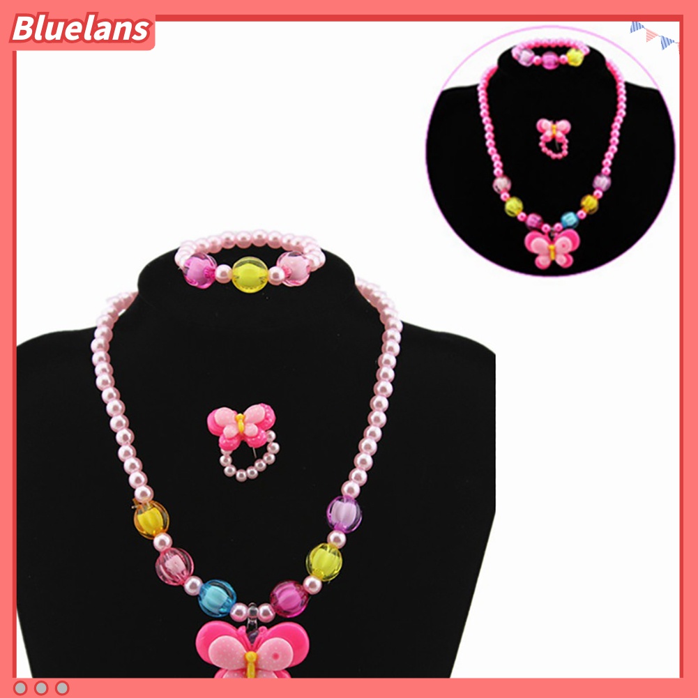 Bluelans 3Pcs / Set Perhiasan Kalung Gelang Cincin Manik-Manik Kupu-Kupu Bebek Kuning Untuk Anak Perempuan