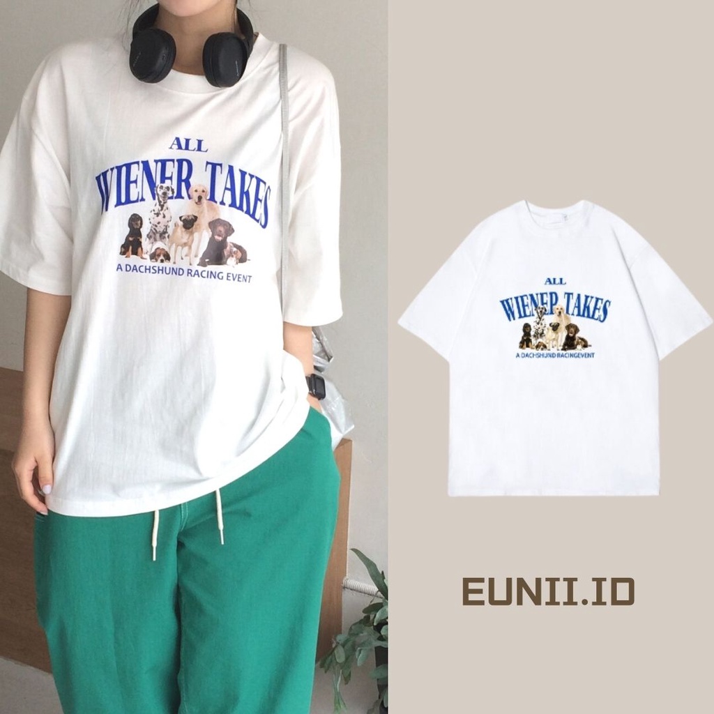 EUNII T-shirt Lengan Pendek Imut Anjing Pencetakan Longgar Korean Style/Kaos Atasan Wanita/Baju Kaus Oversize Wanita