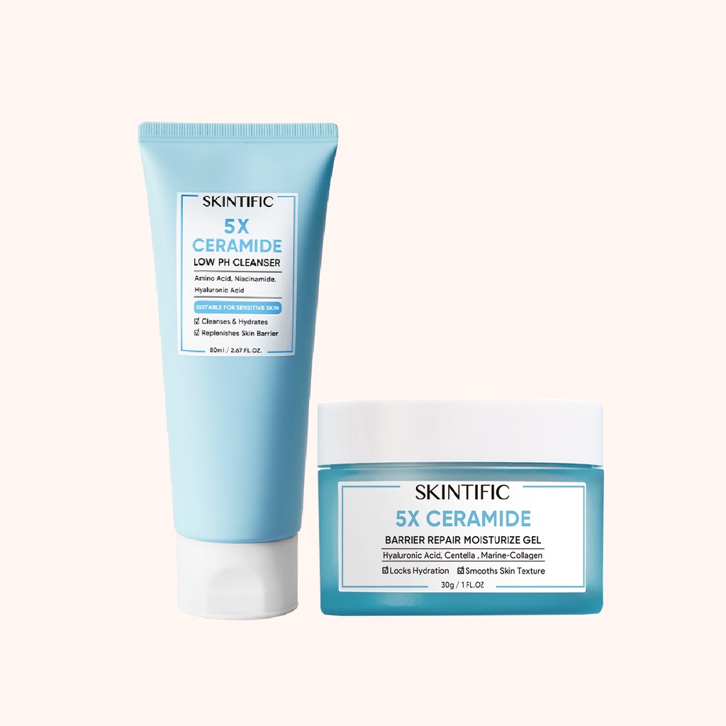 SKINTIFIC 2pcs Set | 5X Ceramide Low pH Cleanser 80g Facial Wash Sabun Cuci Muka Pembersih + 5% Ceramide Barrier Repair Moisture Gel 30g Pelembab Wajah