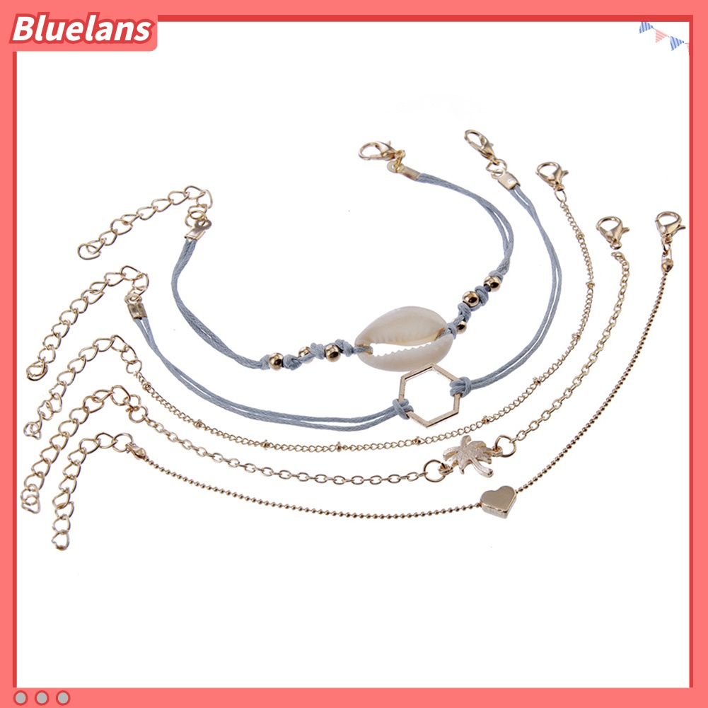 5pcs / Set Gelang Rantai Desain Daun Keong Hati Untuk Wanita