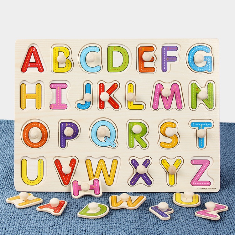 Knob Puzzle Board A | Wooden Puzzle Gagang Knop Kayu | Alphabet Alfabet Huruf Besar Kecil Uppercase Lowercase Letter ABC Angka Number Bentuk Geometri Shape Hewan Binatang Buah Sayur Sayuran Mainan Edukatif Edukasi Anak Balita Kenop Handle Peg Grip Pegged