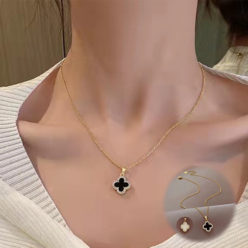 Kalung Rantai Liontin Daun Clover Hias Zircon Gaya Korea Untuk Wanita