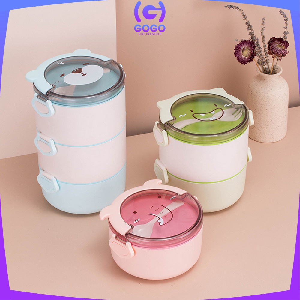 GOGO-C447 Tempat Makan Anak 3 Tingkat Karakter Kotak Bekal Anak Motif Lucu Rantang Susun Anak Lunch Box Set BPA FREE