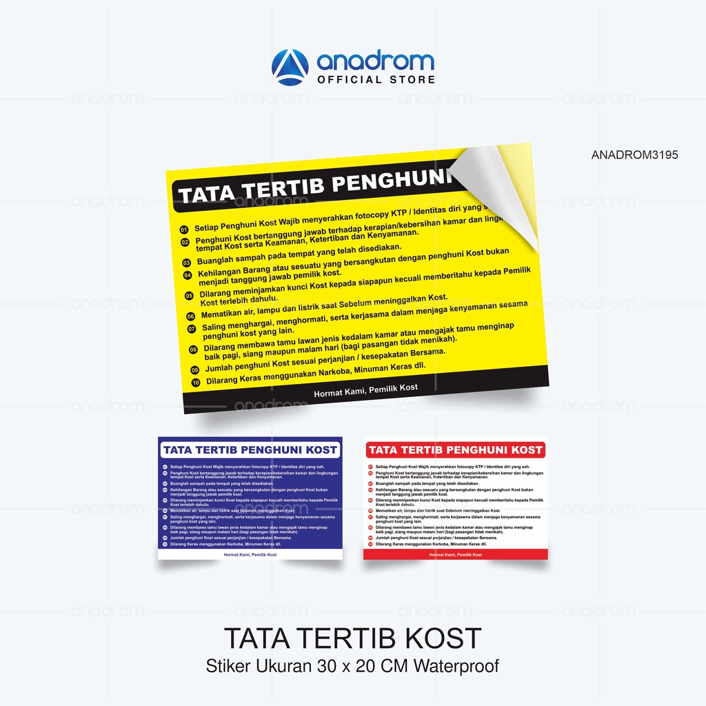 

Stiker Tata Tertib Kost I Size 30x20 Cm I Anadrom 3195