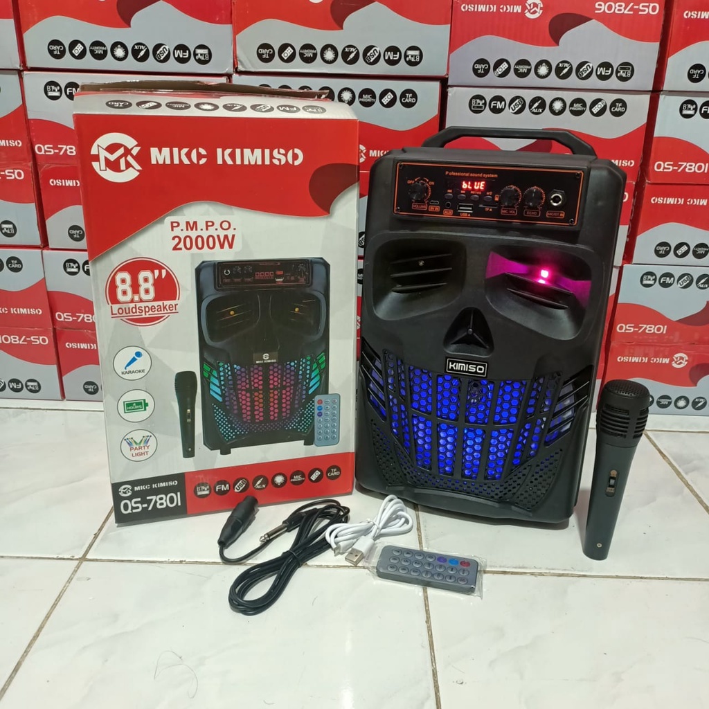 COD SPEAKER WIRELESS BLUETOOTH PORTABEL 8'8 INCH KIMISO QS-7801 BONUS MIC KARAOKE + REMOTE//SPEAKER KARAOKE 7801