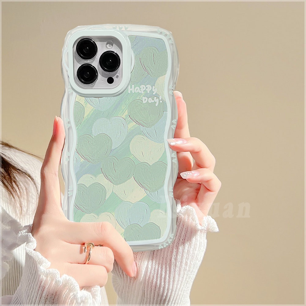 Vivo Y02 Y16 Y22 Y35 Y22s Y21s Y15s Y15A Y33s Y20 Y01 Y12 Y12s Y1s Y15 V25 Y91C Y17 Y30 Y21T Y11 Wavy Edge Case Lukisan Cat Minyak Cinta Hijau Hati Bunga Ungu Soft Clear Cover RIXUAN