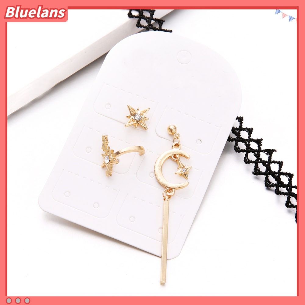 3pcs / Set Anting Stud Desain Bulan Bintang Bar Aksen Berlian Imitasi Untuk Wanita