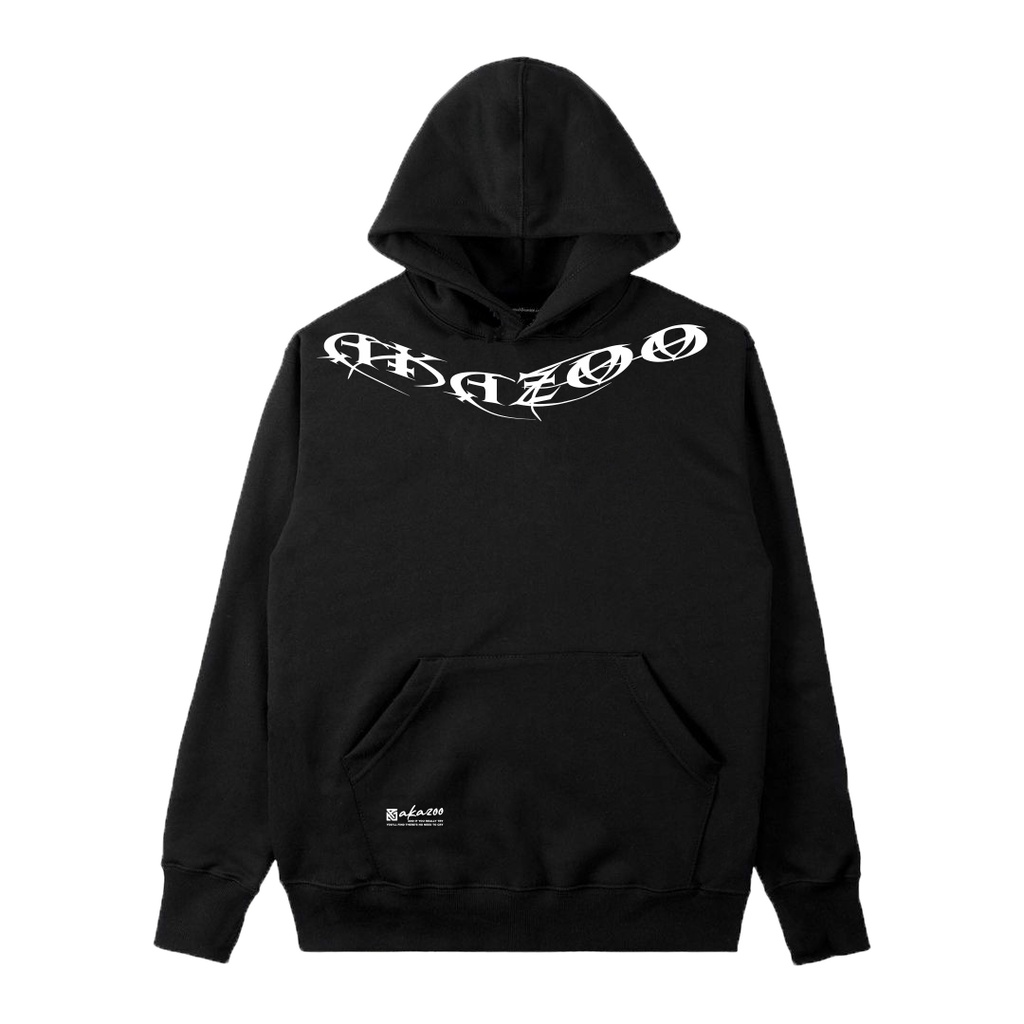 ziper hoodie pria keren akazoo warna hitam hoodie akazoo tulisan akazoo di leher sablon putih 01 sweater hoodie jumper pria wanita sablon depan blakang sweater cowok pria terbaru hudie pria keren unisex M L XL XXL akazoo official