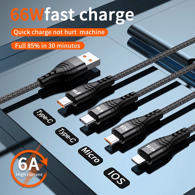 4in1 Kabel Data / Charger Micro USB Tipe-C 6A 66W Fast Charging Untuk Iphone / Android