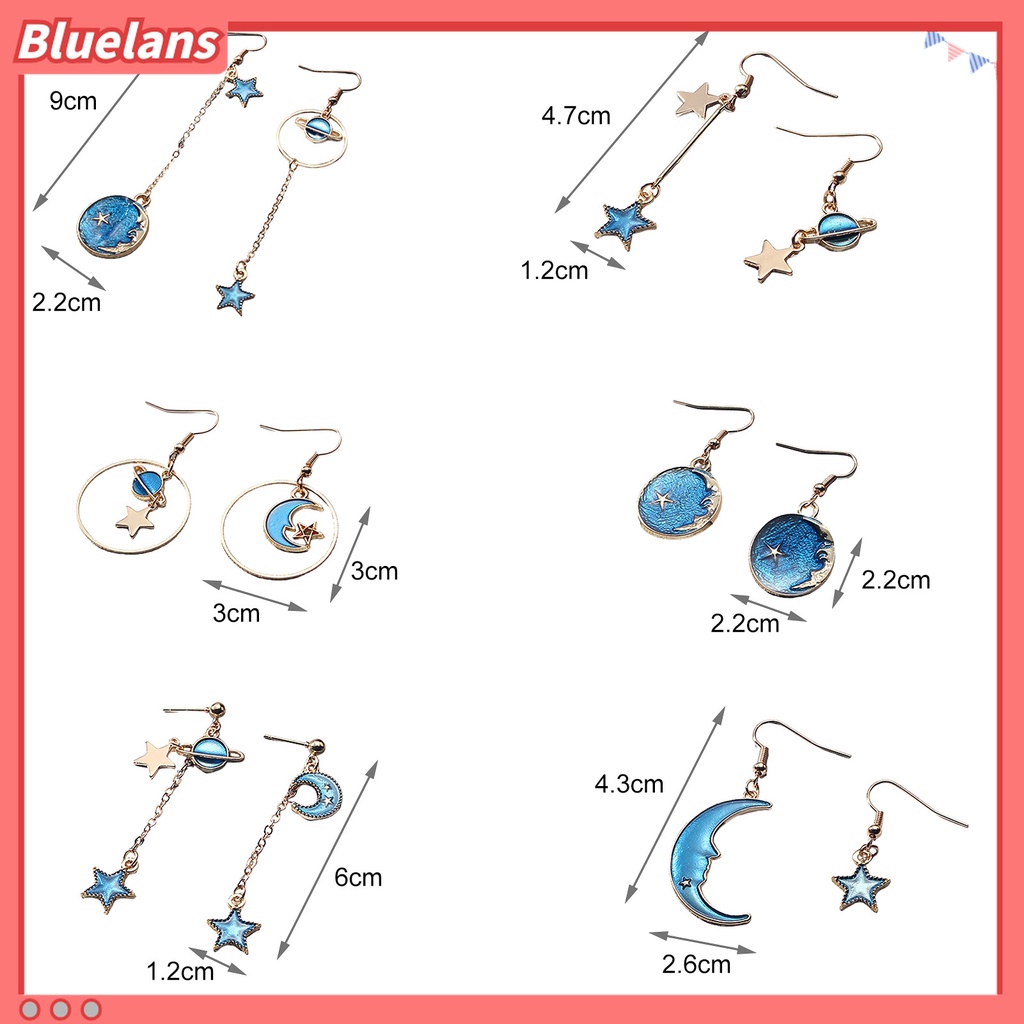 1 Pasang Anting Kait Gantung Asimetris Desain Kartun Bulan Bintang Planet Untuk Wanita