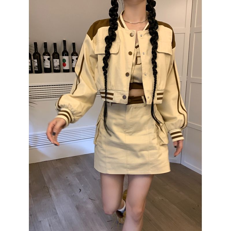 Retro Fashion Suit Bisbol Seragam Jaket Cardigan Kamisol Wanita Musim Gugur Paket Hip Rok Tiga Poton