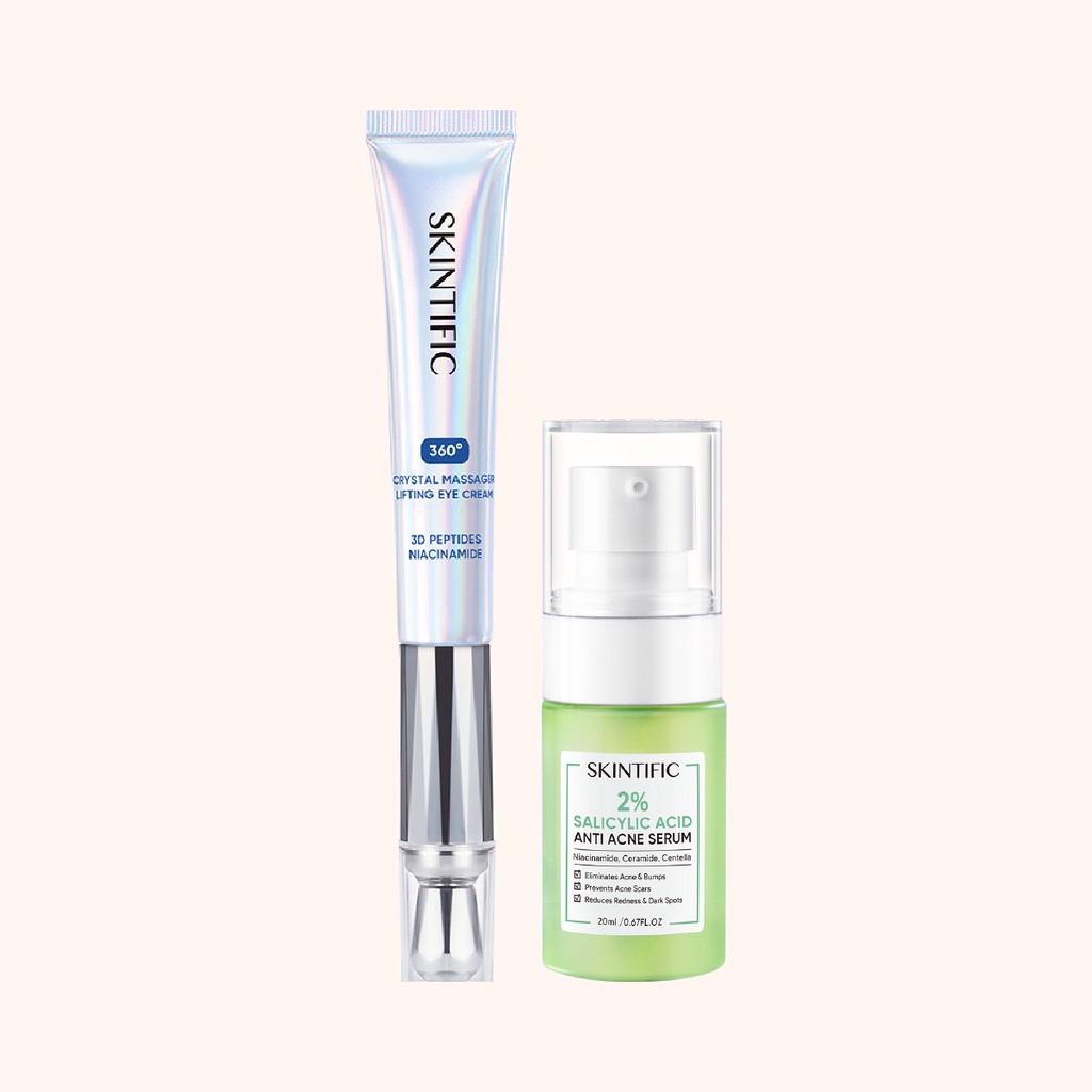 SKINTIFIC 2pcs Set | 2% Salicylic Acid Anti Acne Serum 20ml + 360° Crystal Massager Lifting Eye Cream 20ml