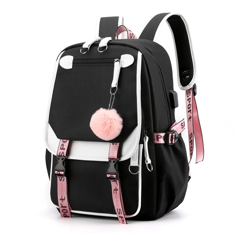 KS - Tas Ransel Anak Remaja Perempuan Simple Ransel Anak Sekolah Tk SD SMP Free Gantungan Pompom