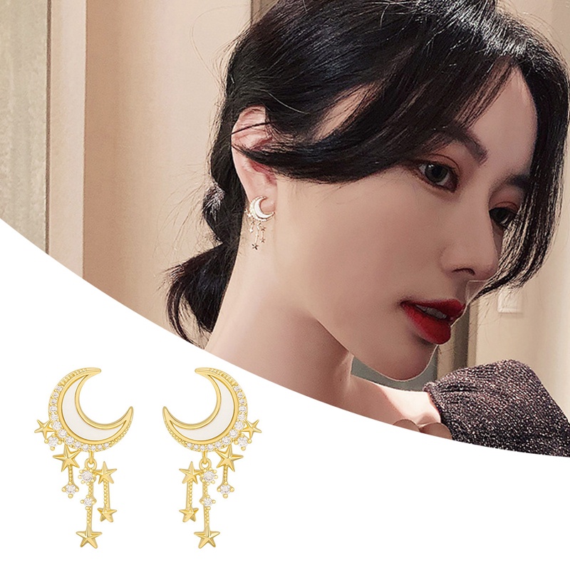 Fancyqube Anting Tusuk Gantung Wanita Desain Bulan Sabit, Ceri, Kucing Hias Mutiara, Berlian Imitasi