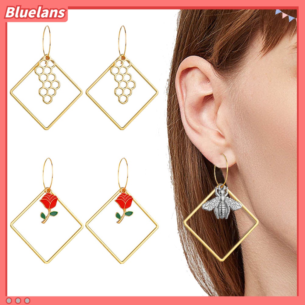Anting Hoop Panjang Menjuntai Bentuk Kotak Lebah Cherry Rose Model Hollow Untuk Wanita