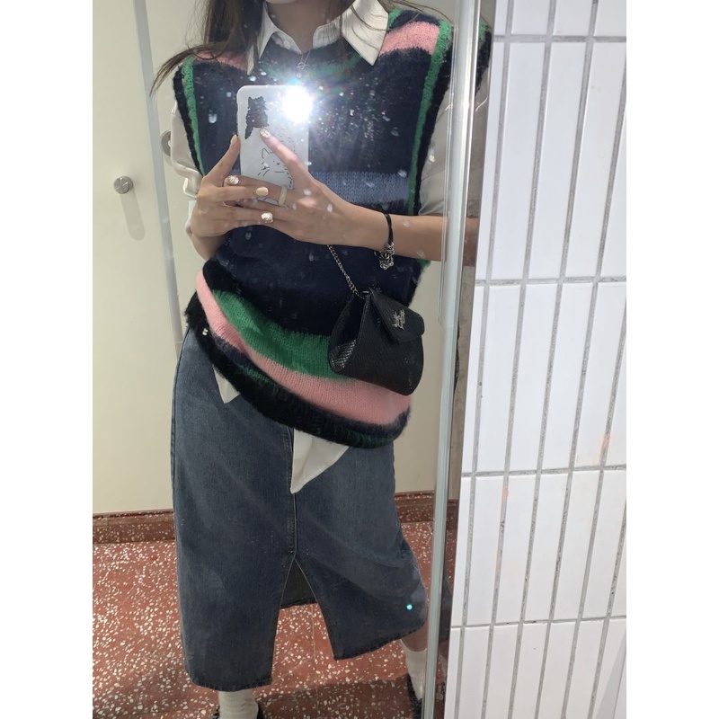 retro warna-blocking berlapis rompi luar rajutan sweater rompi + kemeja lengan panjang kasual all-ma
