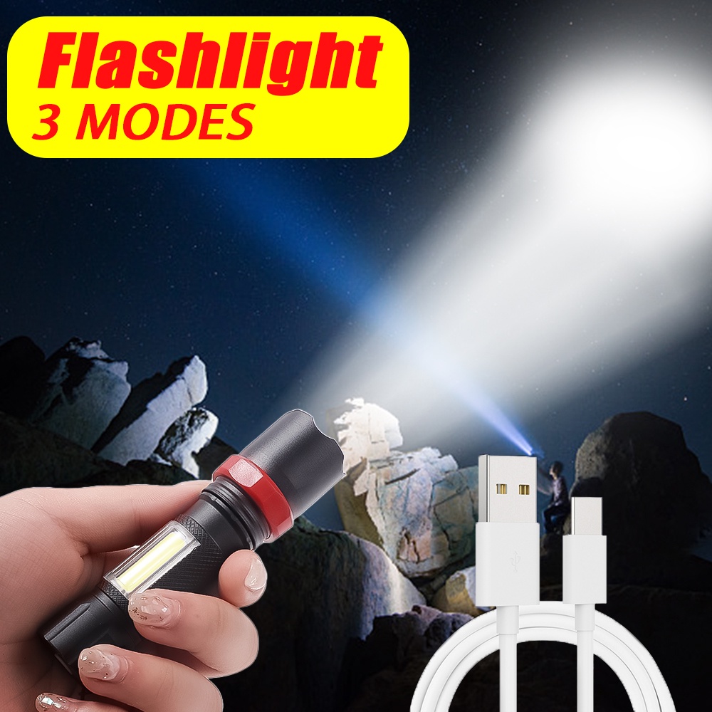 Lampu Senter COB LED USB Rechargeable 3 Mode Jarak Jauh Anti Air Portable Untuk Hiking / Camping