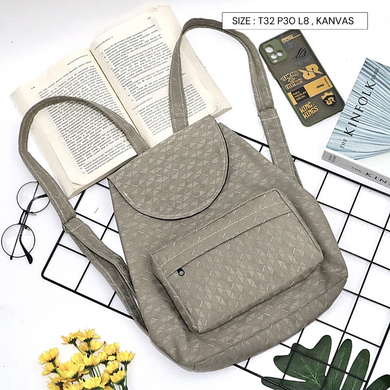 Bayar di Tempat COD Tas Ransel Serut Bahan Kanvas KANTONG Depan Ukuran Medium tas punggung wanita-Warna 678