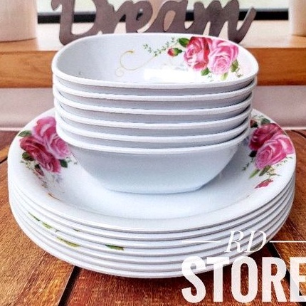 PROMO 6.PCS ISI 3.PIRING &amp; 3.MANGKOK MOTIF ROSE MELAMINE WARE