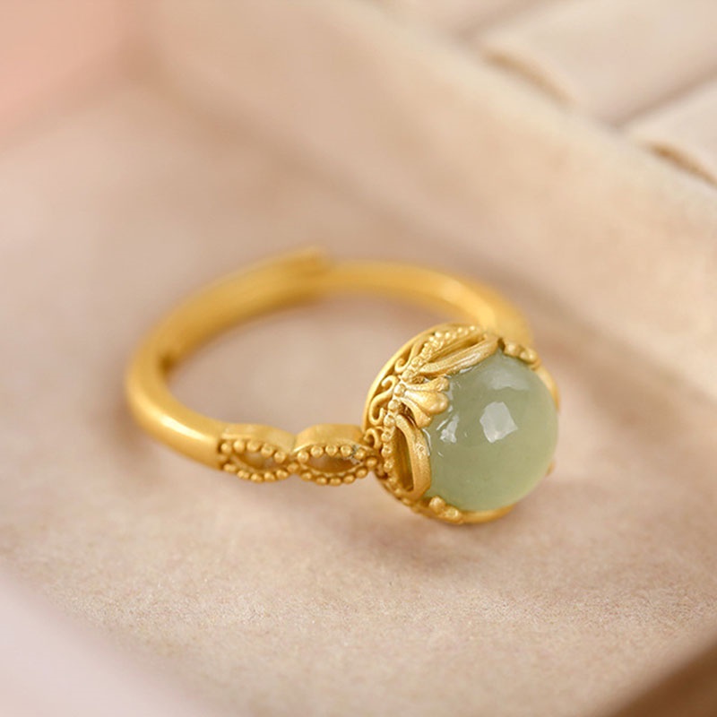 Cincin Giok Hetian Natural Bentuk Bulat Warna Emas Untuk Wanita