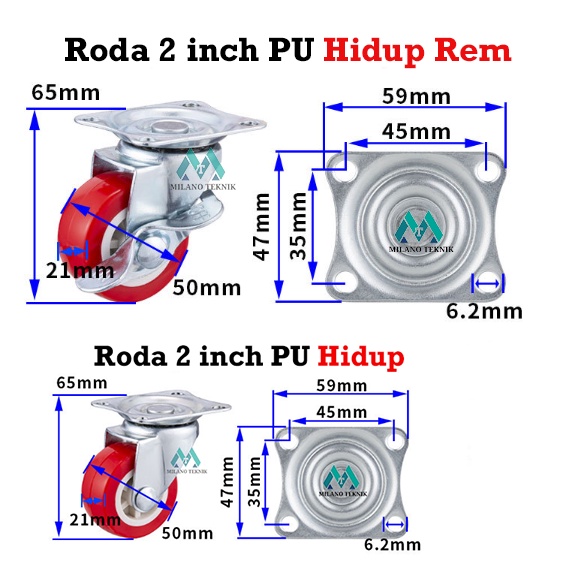 Roda 2 inch PVC Merah &amp; HitamFurniture Etalase Troli Kastor Roda caster