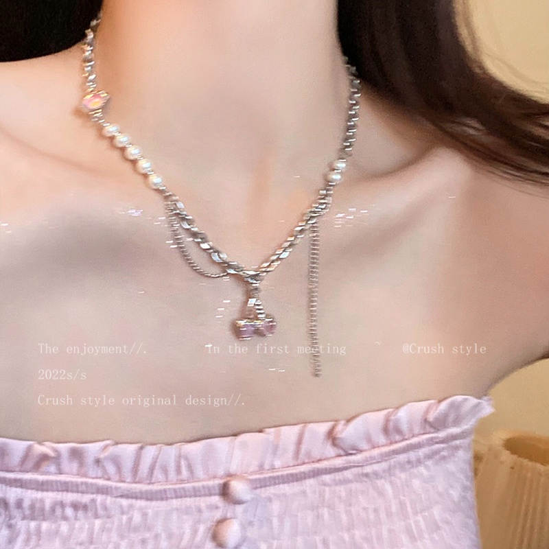 IFYOU Kalung Rantai Choker Liontin Cherry Pink Gaya Vintage Untuk Wanita