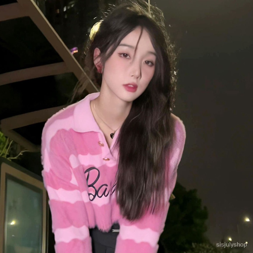 [✅BISA COD]  Hot girl striped letter short sweater musim gugur gaya keinginan murni niche longgar lengan panjang