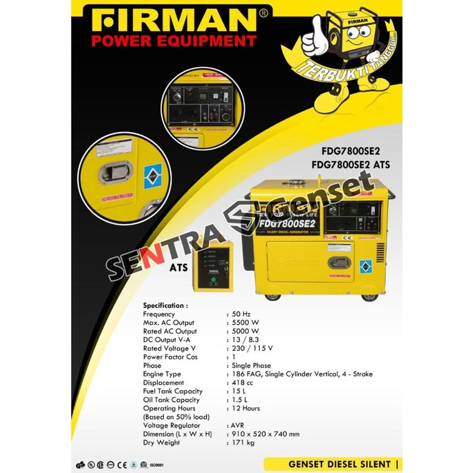 Genset 5000 Watt Silent Diesel + Panel Ats. Firman Fdg 7800 Se2