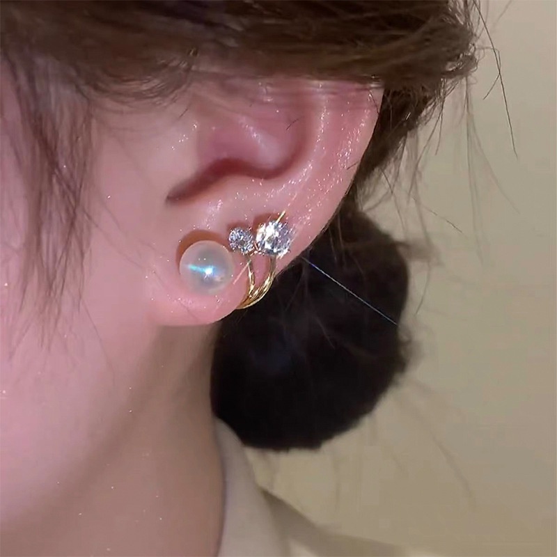 Anting Stud Zircon Mutiara Berlian Imitasi 2 IN 1 Gaya Korea Untuk Wanita