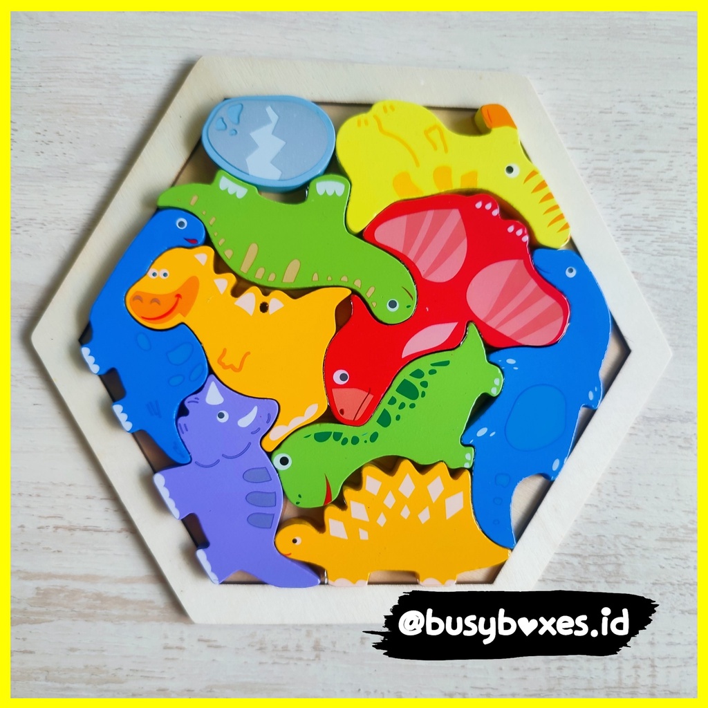 Busyboxes.id Mainan anak edukasi anak 1 2 3 tahun laki laki perempuan mainan edukasi Montessori puzzle jigsaw 3d dinosaurus hexagonal