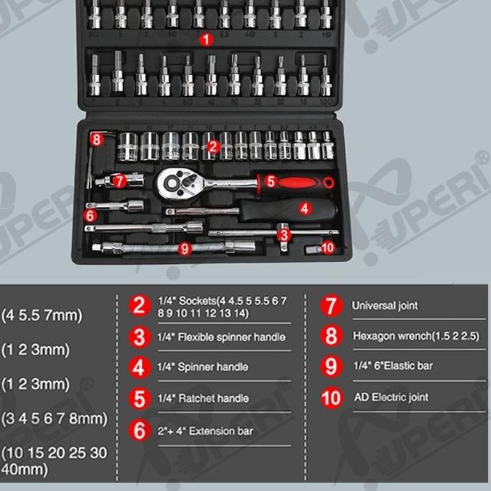 Set Kunci Socket 46 PCS full Set (1/4 ") Pas Ring L Motor Kunci/kunci l set tekiro lengkap/kunci ring pas 1 set lengkap tekiro