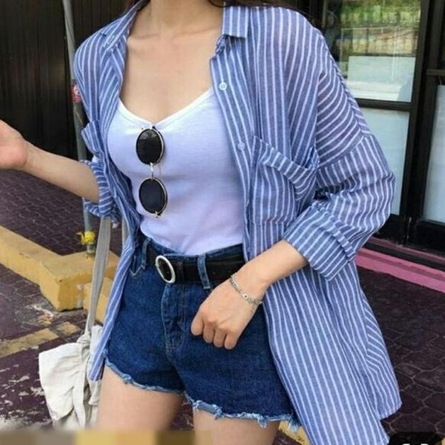 Penawaran Terbaik--Key - 0112 OUTER STRIPE Size XXL Oversize / Atasan Wanita Kemeja Oversize Katun H