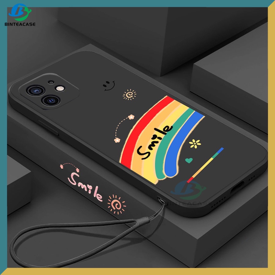 Case Silikon Motif Smiley Face Warna Pelangi Dengan Lanyard Untuk IPhone 13 Pro MAX 11 IPhone12 6 6S 7 8 Plus X XR XS MAX