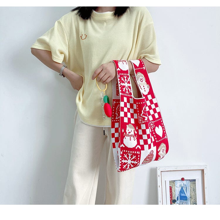 𝗘𝗕𝗦 ✅ TW003 Tas Bene Korean Knitted Checkered Tote Bag Tas Rajut Christmas Natal Totebag Buffollow Vacay Viral Bangkok Import