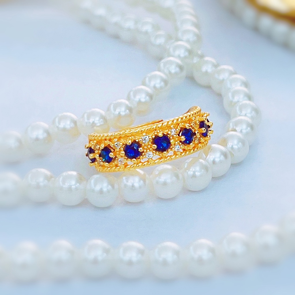 Goldkingdom Perhiasan Fashion Emas Asli Kadar 375 Bangkok Aksesoris Ready Stock Berlapis Emas Vintage Renda Kerajinan Ujung Biru Kristal Karbon Tinggi Berlian Cincin Yang Dapat Disesuaikan Untuk Wanita