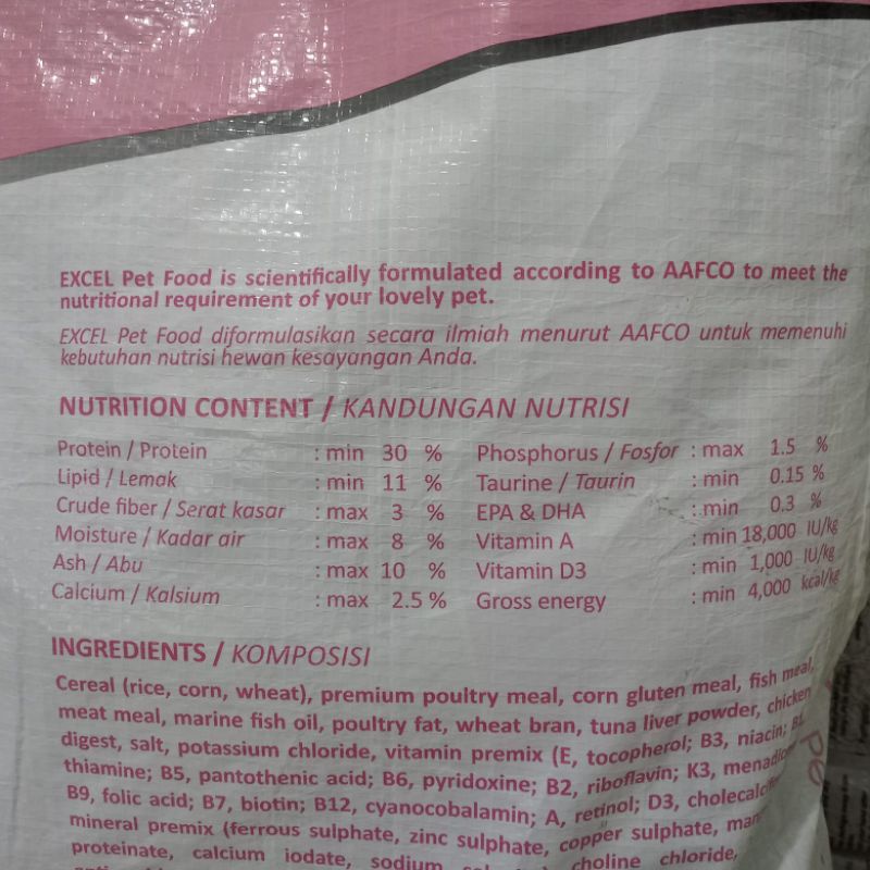 Makanan kucing Excel catfood mother&amp;kitten chiken tuna 20kg isi(40/500gr) -EKSPEDISI- makanan kucing excel catfood
